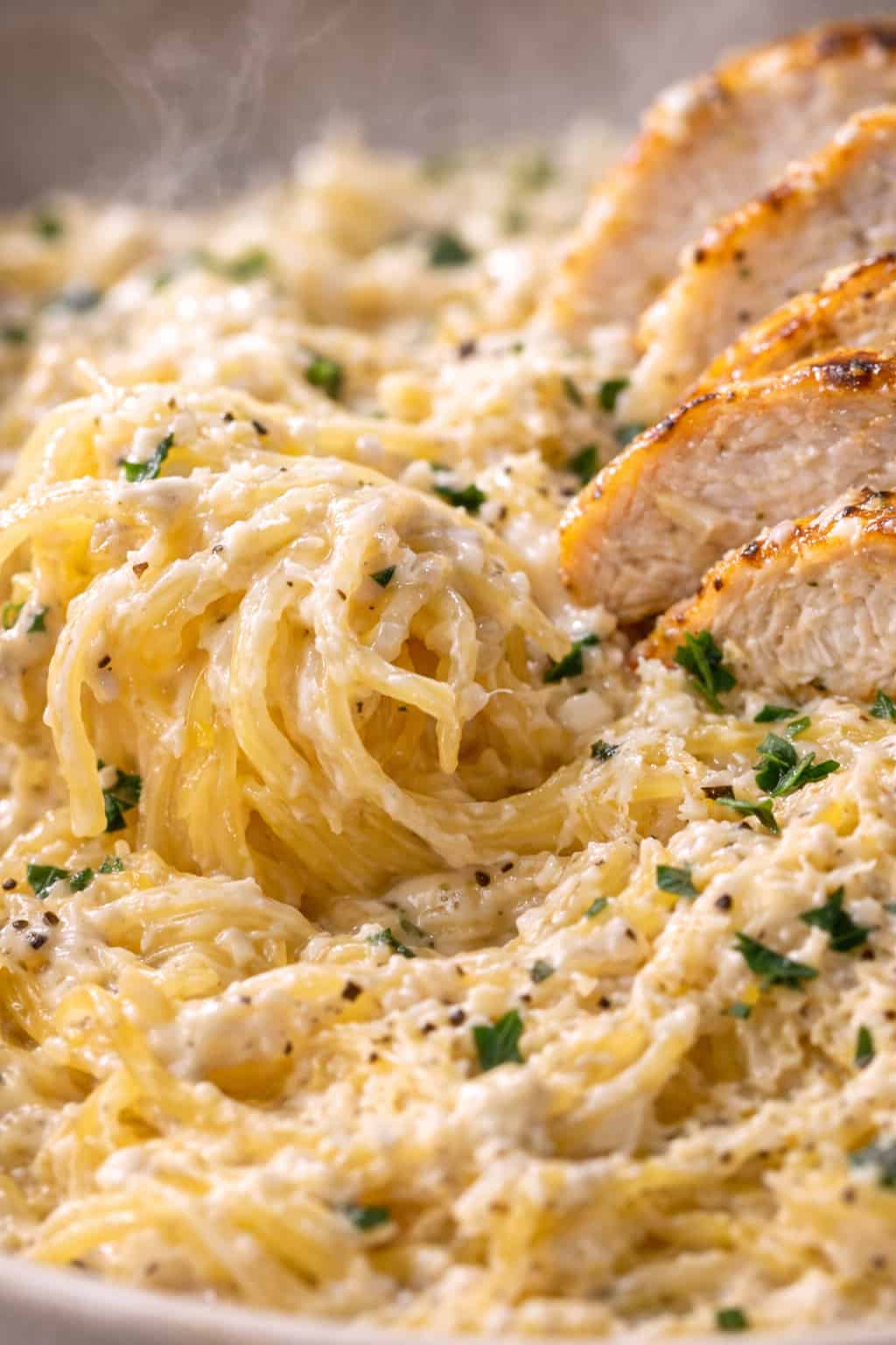 keto chicken alfredo spaghetti squash casserole